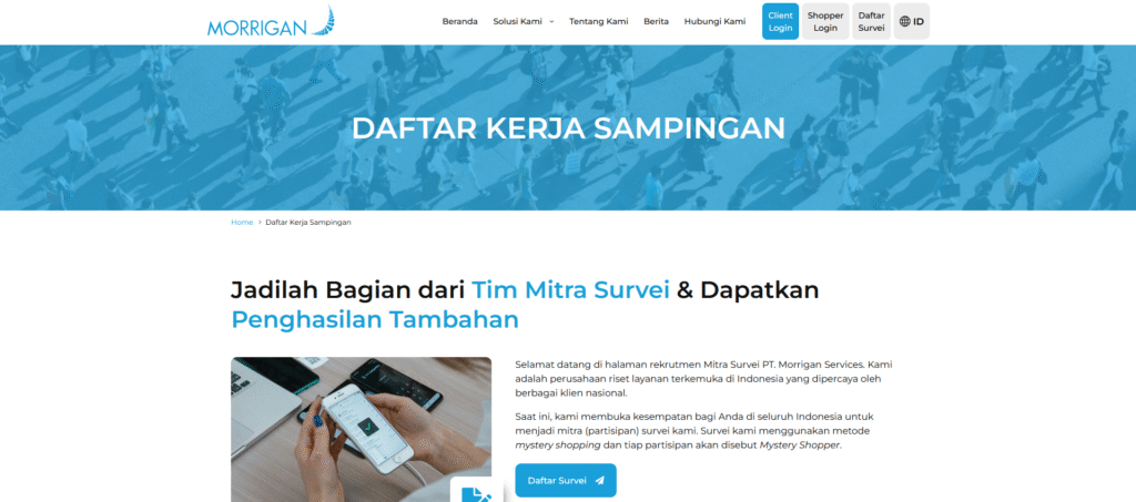 Daftar survei mystery shopping Morrigan Services 2026 untuk berbagai proyek, mulai dari FnB, retail, otomotif, dan banking.